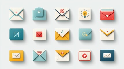 Poster - A collection of carefully designed icons representing various mail and communication related functions from envelopes and messages to file attachments and notifications