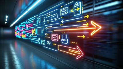 Fototapete - Vibrant futuristic image with fast moving glowing arrows composed of colorful light beams against a dark background suggesting digital technology speed and energy