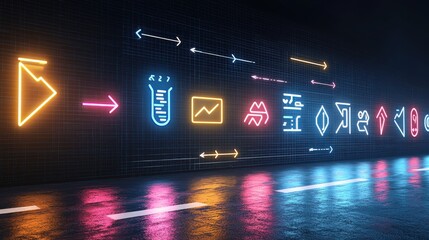 Poster - A dynamic futuristic image of a fast moving glowing upward arrow with vivid neon like colors against a dark background creating a sense of motion energy and technological innovation