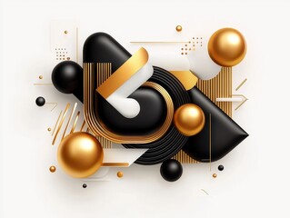 Aufkleber - Geometric abstract: Golden spheres, sleek black forms, and crisp white accents on a clean background.