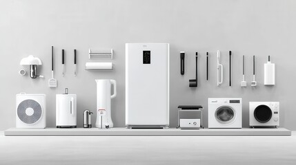 Poster - Minimalist display of a variety of high end modern home appliances laid out in a clean organized manner