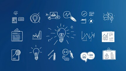 Poster - This image depicts a collection of fifteen icons representing various project management concepts such as planning strategy tasks data analysis and drawn in a minimalist thin line style
