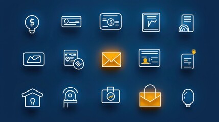 Poster - A set of outline icons representing various financial management and security related concepts including banking investments payments and loan