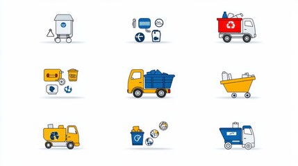 Poster - Set of colorful icons representing different types of garbage trucks waste disposal containers and recycling services for efficient and eco friendly waste management
