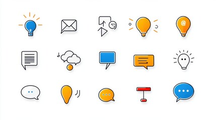 Poster - A set of minimalist flat line icons representing various communication and technology concepts including speech bubbles ideas and information exchange