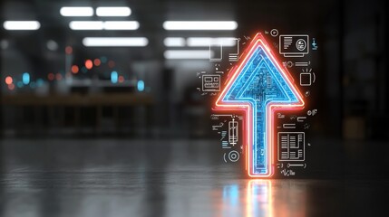 Poster - A digital abstract representation of a futuristic arrow symbol illuminated by neon light streaks suggesting innovation progress and technological advancement