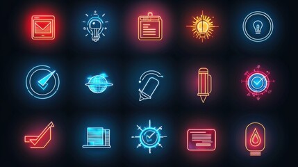 Poster - a vibrant collection of 15 futuristic neon inspired icons representing technology innovation and dig