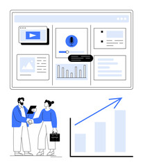 Poster - interactive dashboard with charts, videos, and analytics. two professionals shake hands, signaling c