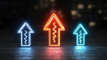 Poster - Three vibrant neon lit arrows pointing upwards in a futuristic minimalist design symbolizing progress innovation and dynamic growth