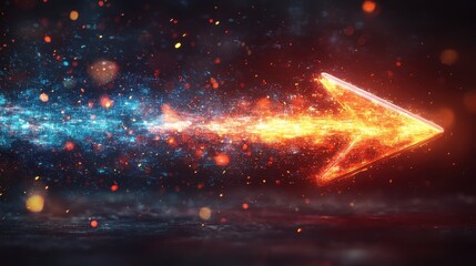 Poster - A fiery upward pointing arrow streaks across a dynamic interstellar backdrop filled with swirling particles glowing energy trails and ethereal celestial phenomena