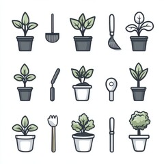 Poster - A set of minimalist outline icons depicting various gardening tools potted plants and soil care equipment for landscaping horticulture and agriculture applications