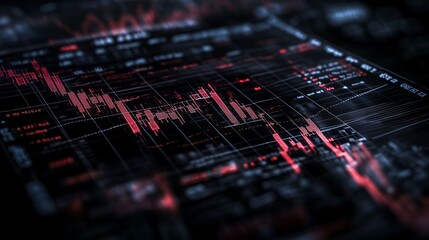 Poster - Financial market trends displayed on digital interface with red and black color scheme indicating stock changes and fluctuations