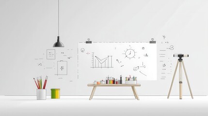 Poster - A modern minimalist workspace featuring an outline icon set a various technology related elements for creative and analytical tasks
