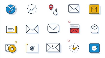 Poster - A diverse set of icons representing different elements of email messaging and digital communication including envelopes inboxes attachments and notification symbols