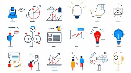 Poster - A collection of outline icons representing various aspects of leadership teamwork and collaborative problem solving in professional settings