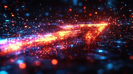 Poster - a futuristic digital landscape with a luminous arrow made of vibrant neon beams symbolizing innovati