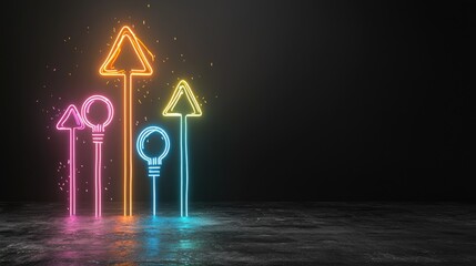 Poster - Vibrant neon beams of various colors converge and form a dynamic array of upward pointing arrows against a dark atmospheric backdrop creating a futuristic and visually striking composition