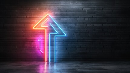 Poster - A striking neon beam of light forming an upward pointing arrow against a dark minimalist backdrop creating a futuristic and visually compelling scene