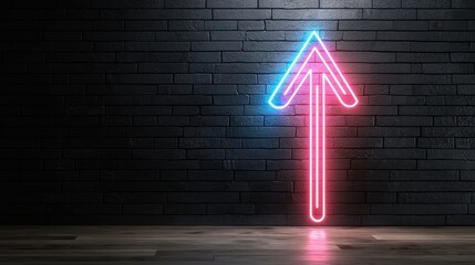 Poster - a striking neon arrow shaped beam of light shining upward against a dark industrial style brick wall