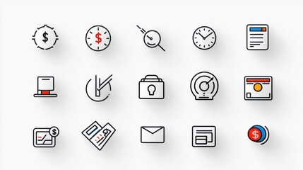 Poster - A collection of minimal simple outline icons representing various financial business and organizational symbols and tools