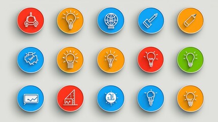 Poster - A set of simple minimalist icons representing various management and process improvement concepts including ideas solutions analytics and optimization