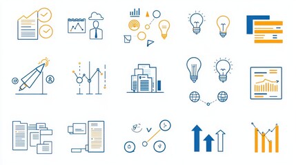 Poster - A collection of minimalist and corporate style outline icons displaying various data analytics and visualization elements including graphs charts reports and workflow diagrams