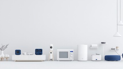Poster - A clean organized arrangement of various modern household appliances and smart home technology devices in a minimalist neutral toned setting