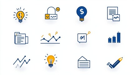 Poster - A set of minimalist outline icons symbolizing various aspects of financial growth such as business analytics investment opportunities revenue and profit trends and strategic decision making
