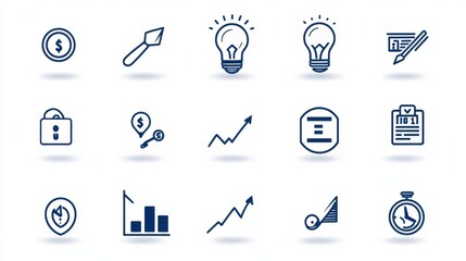 Poster - A set of simple clean icons representing different aspects of financial growth business success and progress including graphs charts money symbols and innovative ideas