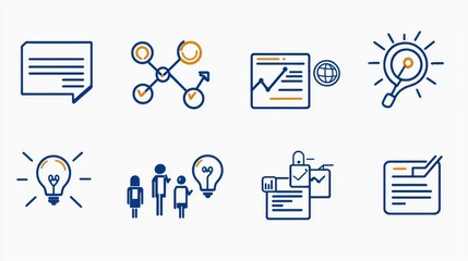 Poster - A set of minimalist outline icons symbolizing different aspects of management including data analysis strategy planning team technological tools