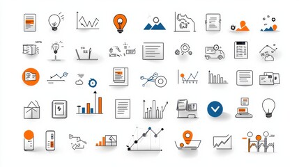 Poster - a set of minimalist outline icons representing different elements of data analysis business intellig