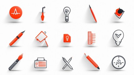 Poster - A set of 15 stylized minimalist icons representing various design related tools processes and creative concepts such as sketching brainstorming and visual presentation