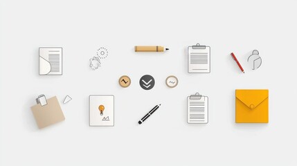 Poster - A minimalist and organized arrangement of 15 outline icons representing common document related tools and materials used in various professional and administrative settings