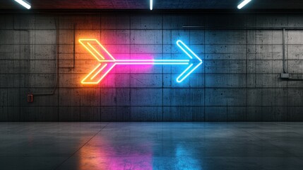 Poster - Vibrant neon colored arrow pointing upwards exuding a sense of dynamic energy and illuminating the dark industrial space with a captivating glow