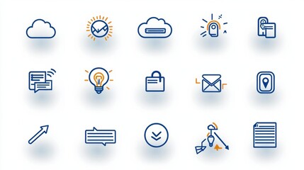 Poster - This image showcases a set of 15 minimalist outline style icons representing various digital transfer and communication elements such as cloud sun download lock document and more