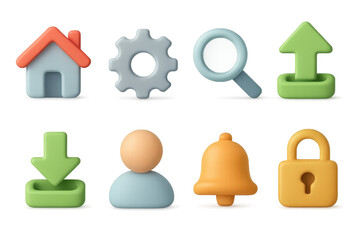 Fototapete - 3d icon set: home, gear, search, upload, download, user, bell, lock