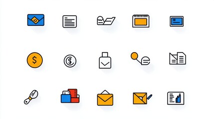 Poster - A collection of simple minimalist icons representing various aspects of loan credit and financial transactions such as banking payments reports and investment analysis