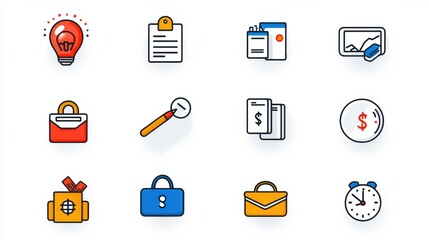 Poster - A set of minimalist outline icons representing various financial and banking concepts including loans credit investments payments and financial management tools