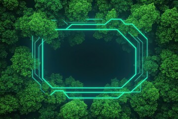 Poster - Vibrant Green Neon Frame Illuminated by Soft Light Surrounded by Lush Green Trees Creating a Unique and Enchanting Natural Outdoor Atmosphere