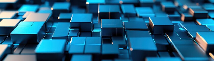 Poster - Intricate 3D Arrangement of Blue and Gold Cubes Creating a Modern Abstract Composition That Evokes Depth and Sophistication in Visual Art Design