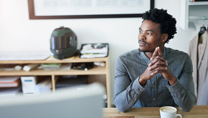 Aufkleber - Business, thinking and black man with ideas, hands together and solution with problem solving. African person, employee or consultant with creativity, planning and inspiration with decision or choice