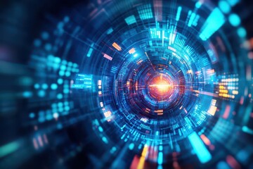 Poster - Vibrant Blue and Orange Circular Design Featuring a Radiant Light Source at the Center Creating a Dynamic and Energetic Visual Composition