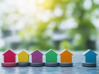 Poster - Vibrant Row of Colorful Houses on a Wooden Table Displaying a Cheerful and Whimsical Atmosphere Evoking Playfulness and Charm in a Cozy Setting