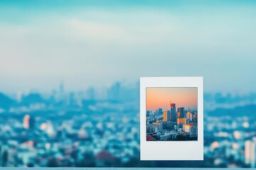 Poster - Elegant Photo Frame on a Wooden Table Showcasing a Vibrant Cityscape in the Background Evoking a Sense of Urban Charm and Contemporary Style