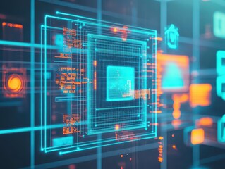 Fototapete - Vibrant Computer Screen Displaying Striking Blue and Orange Abstract Background with Dynamic Visual Elements for Modern Digital Environments and Design
