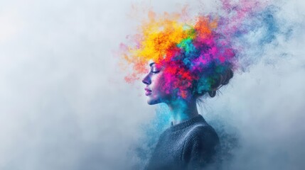 Poster - A woman with vibrant colored hair surrounded by swirling smoke creating an ethereal and mysterious atmosphere in an artistic and surreal setting