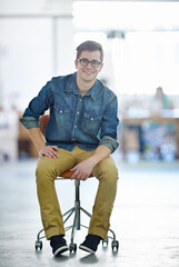 Poster - Smile, startup and portrait of man with chair in office for about us, happiness or career goals. Business, entrepreneur and employee with design agency for development, professional or company growth