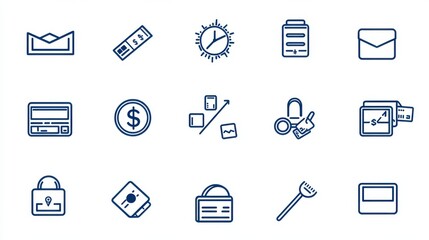 Poster - A set of 15 elegant line icons representing various financial and cash flow related concepts including banking payments investments and data analysis
