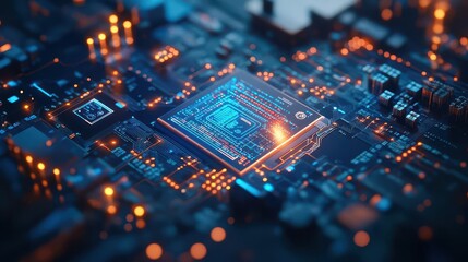 Poster - Intricate Circuit Board Design Featuring Central Circuit Pathways Surrounded by Detailed Electronic Components and Copper Traces on a Green Background