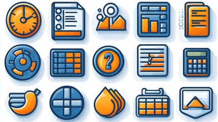 Poster - A set of 15 line style icons representing various tools and elements used for statistical analysis data visualization and information management